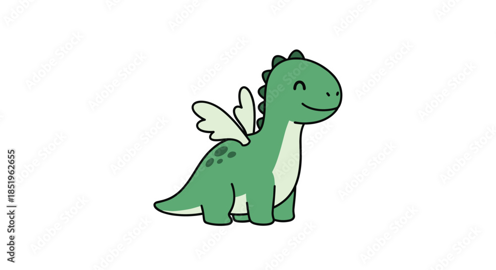 Fototapeta premium Adorable cartoon baby dragon illustration features a friendly green body small wings and subtle spots isolated on a clean white background.