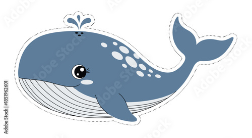 Adorable cartoon blue whale illustration features white spots and big expressive eyes isolated on a clean white background with a dotted outline.