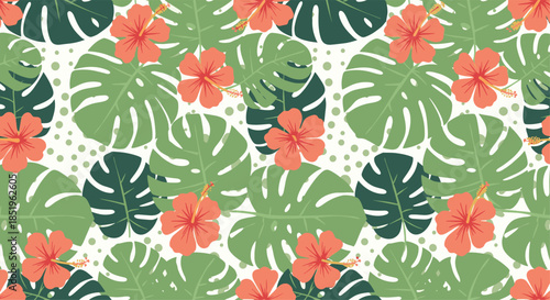 Exotic tropical seamless pattern showcases vibrant monstera leaves beautiful hibiscus flowers and subtle scattered dots on a light background.