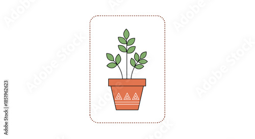 Charming simple potted plant illustration features lush green leaves within a decorative terracotta pot isolated on a clean white background.
