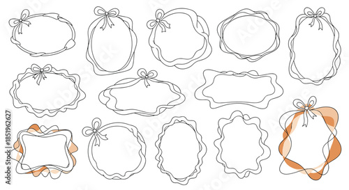 Diverse collection of hand drawn doodle frames with charming bows featuring dotted and wavy outlines and subtle abstract color accents.