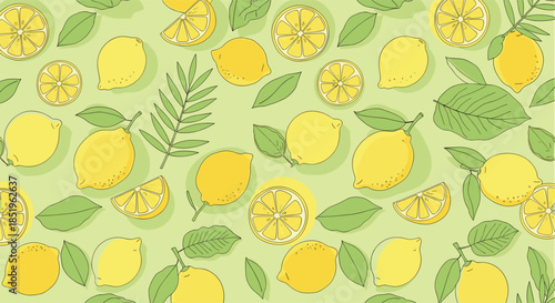 Cheerful seamless pattern showcases bright yellow lemons whole and sliced along with lush green leaves on a refreshing light green background.
