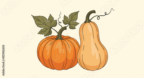 Beautiful illustration features two distinct autumn pumpkins a classic round one and a slender butternut squash adorned with leaves and vines.