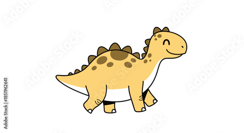 Adorable cartoon stegosaurus dinosaur illustration features a cheerful yellow body with brown plates and a happy smile walking on white.