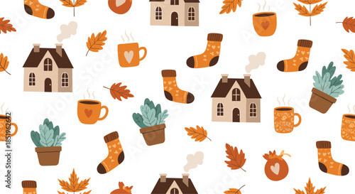 Warm autumn seamless pattern features charming houses steaming coffee mugs cozy socks potted plants and colorful fall leaves on a white background.