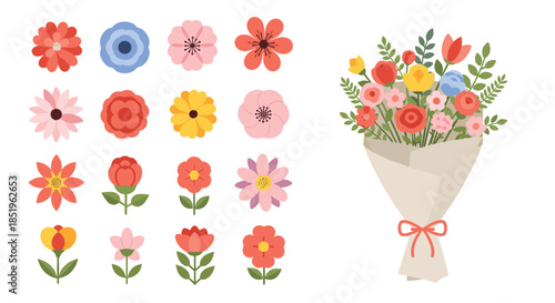 Extensive collection features various vibrant flat design flowers and a beautifully arranged colorful bouquet perfect for spring or celebration themes.