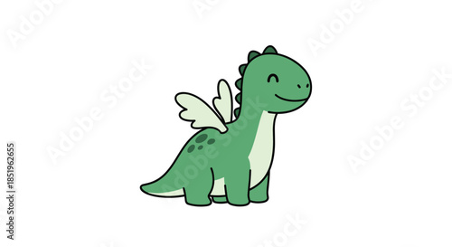 Adorable cartoon baby dragon illustration features a friendly green body small wings and subtle spots isolated on a clean white background.