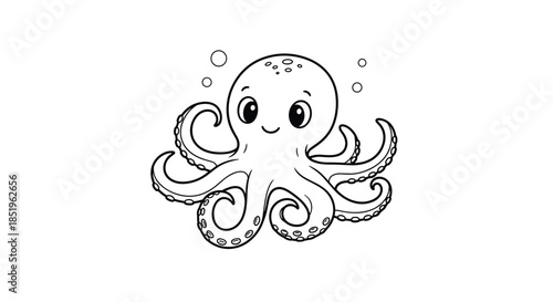 Adorable black outline cartoon octopus with big expressive eyes and playful bubbles isolated on a white background ready for coloring.