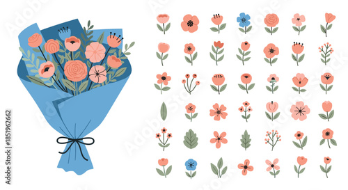 Comprehensive collection includes various charming flat design flowers and a elegantly wrapped blue bouquet perfect for spring or celebration themes.