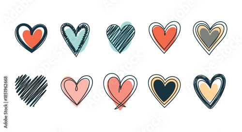 Diverse collection of ten hand drawn doodle hearts showcases various scribbled and outlined styles with vibrant color accents perfect for love themes.