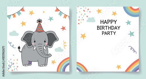 Delightful happy birthday party invitation card features a cute cartoon elephant wearing a festive party hat amidst confetti stars and rainbows.