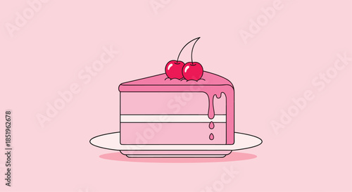 Delectable slice of pink cake adorned with cherry topping and sweet dripping icing presented on a clean white plate on a light pink background.