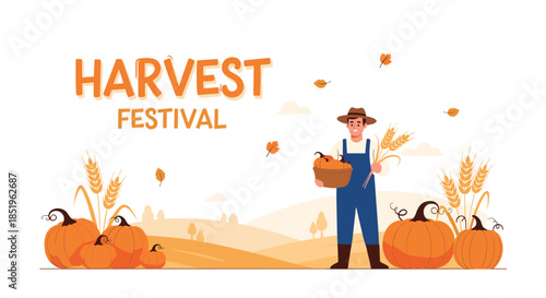 Cheerful harvest festival banner depicts a smiling farmer holding pumpkins and wheat surrounded by a bounty of pumpkins and an autumn landscape.