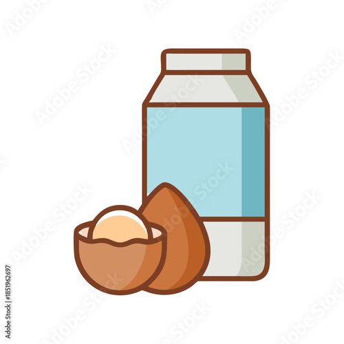 Illustration of almond milk carton with almonds in foreground