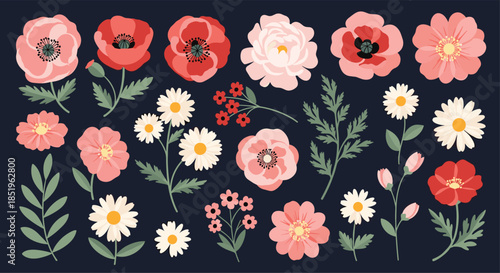 Extensive collection features various vibrant flat design flowers including poppies peonies and daisies along with leaves and buds on a dark background.