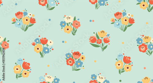 Delightful seamless pattern showcases small vibrant colorful flower bouquets interspersed with scattered dots across a refreshing light blue background.