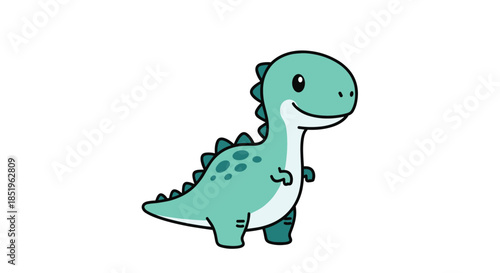 Adorable cartoon T-Rex dinosaur illustration features a friendly teal body with distinctive spikes and a happy smile walking on white.