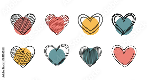 Diverse collection of eight hand drawn doodle hearts showcases various scribbled and outlined styles with vibrant abstract colored circles perfect for love themes.