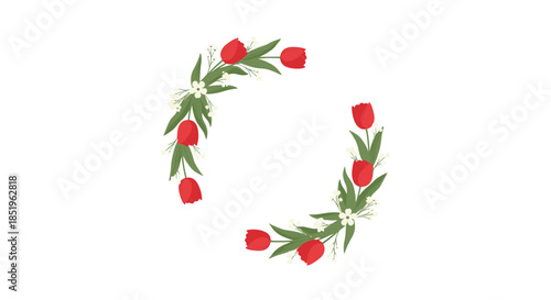 Beautiful floral wreath made of red tulips and delicate white flowers with green leaves on a pure white background.