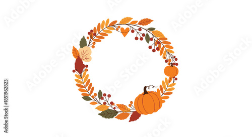 Charming autumn wreath illustration features colorful fall leaves an assortment of berries and two delightful pumpkins adorned with a small heart.