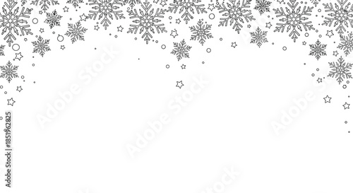 Elegant outline of snowflakes and stars creating a festive border at the top of a white background perfect for winter celebrations.