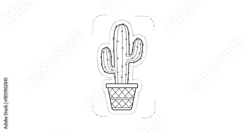 Simple outline drawing of a potted saguaro cactus with decorative cross-hatching on the pot and a dashed line border.