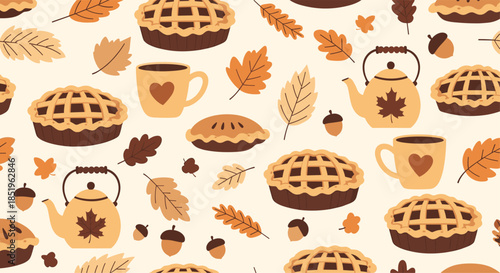 A delightful autumn pattern featuring delicious apple pies mugs teapots acorns and colorful fall leaves on a light background.