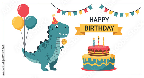 A cheerful birthday banner featuring a happy cartoon T-Rex dinosaur holding balloons and a lollipop next to a festive cake.