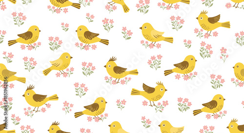 A charming seamless pattern featuring delightful yellow birds perched amongst small pink flowers on a white background.