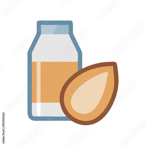 Minimalistic almond milk bottle with an almond illustration icon
