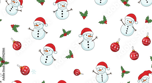 A festive seamless pattern featuring adorable snowmen wearing Santa hats red baubles and green holly leaves on white.