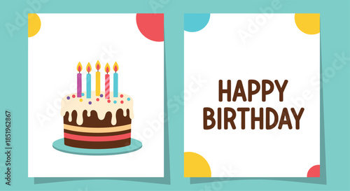 A pair of cheerful birthday card designs featuring a multi-layered cake with candles and "Happy Birthday" text.