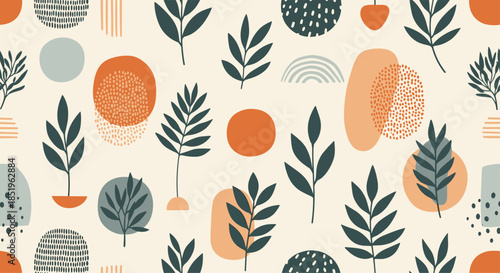 A contemporary seamless pattern featuring various green leaves and abstract organic shapes in warm earthy tones.