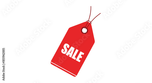 A vibrant red sale tag with the word "SALE" in white bold letters hanging from a string on a white background.