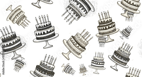 A dynamic seamless pattern featuring an array of hand-drawn multi-tiered birthday cakes with candles on white.