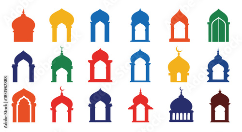 A diverse collection of colorful Islamic mosque arches and window silhouettes in various shapes and patterns.