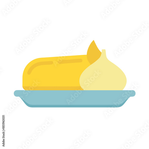 Butter portion on a plate and garlic on white