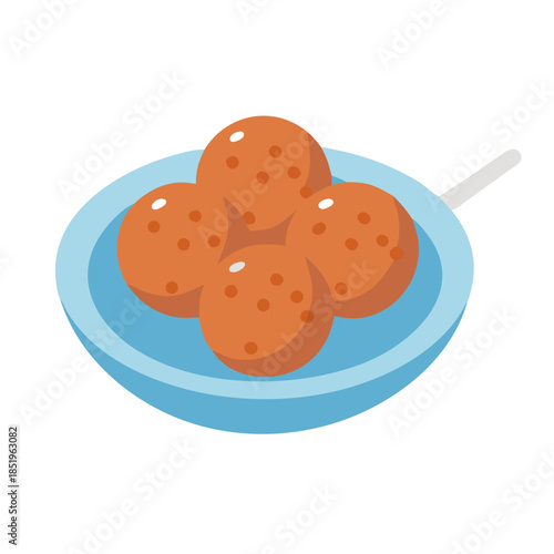Appetizing Laddu balls on a blue plate, flat style