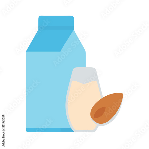 Flat Illustration of Almond Milk Box Glass and Nut