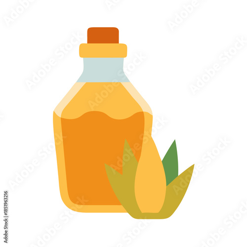 Flat vector illustration of aromatic oil bottle with aloe vera