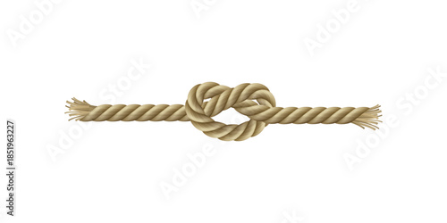 Realistic twisted rope knot vector illustration showing detailed rope texture, intertwined knots, strong fibers, nautical marine element, isolated on white background design