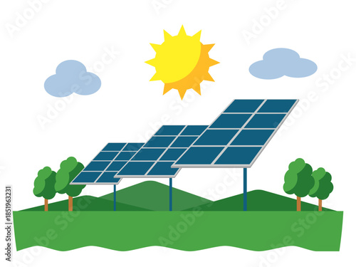 Solar power generation concept vector illustration with photovoltaic panel, sunlight, green trees, eco energy production, renewable electricity source, sustainability and environmental technology