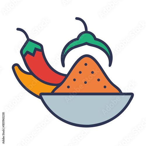 Spicy chili powder with peppers in a bowl graphic