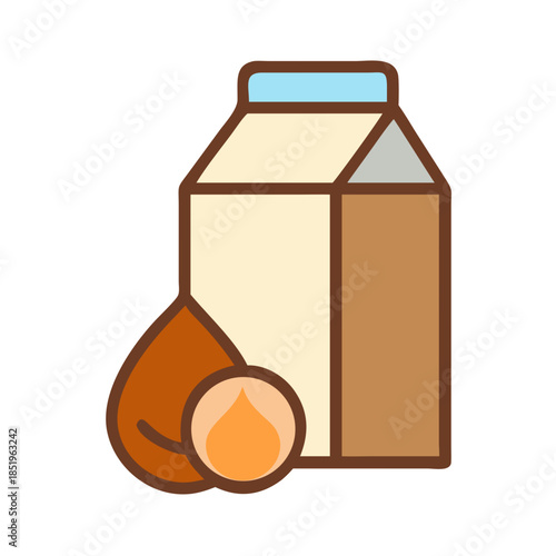 Stylized almond milk carton with almond on white background