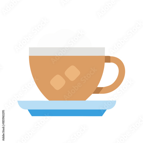Stylized coffee cup with foam on a light blue saucer