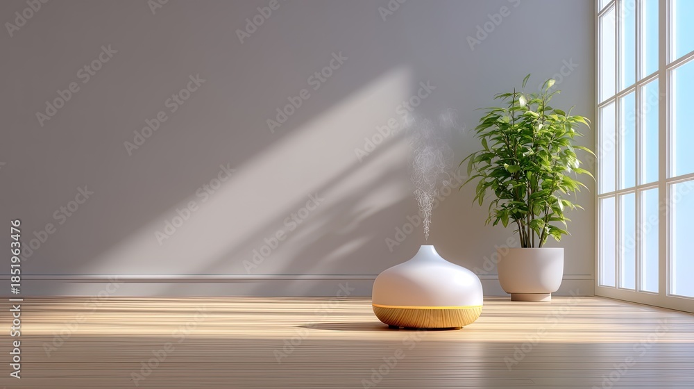 custom made wallpaper toronto digitalModern interior scene with minimalist air diffuser, green plant, natural lighting, and wooden floor showcasing tranquility and relaxation in a bright space