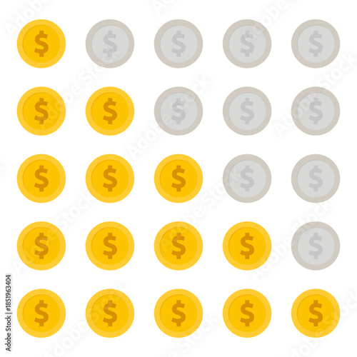 Gold coin rating icons set on white background. Financial review and value levels vector icons for wealth management apps, gambling websites, UI design, customer feedback interfaces, product reviews