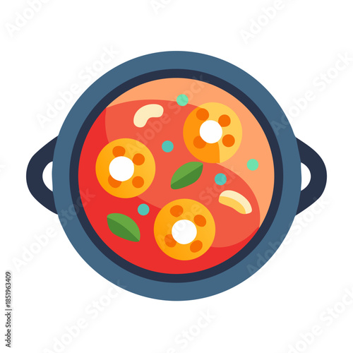 Vector illustration of tomato soup with yellow round toppings