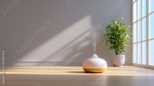 Wallpaper Mural Modern interior scene with minimalist air diffuser, green plant, natural lighting, and wooden floor showcasing tranquility and relaxation in a bright space Torontodigital.ca