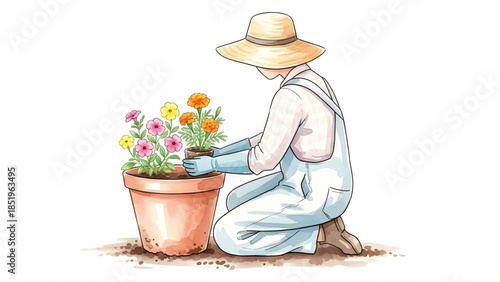 Illustrative scene of a passionate gardener with a straw hat and gloves, diligently transplanting cheerful spring flowers into a rustic pot, highlighting a beloved outdoor hobby